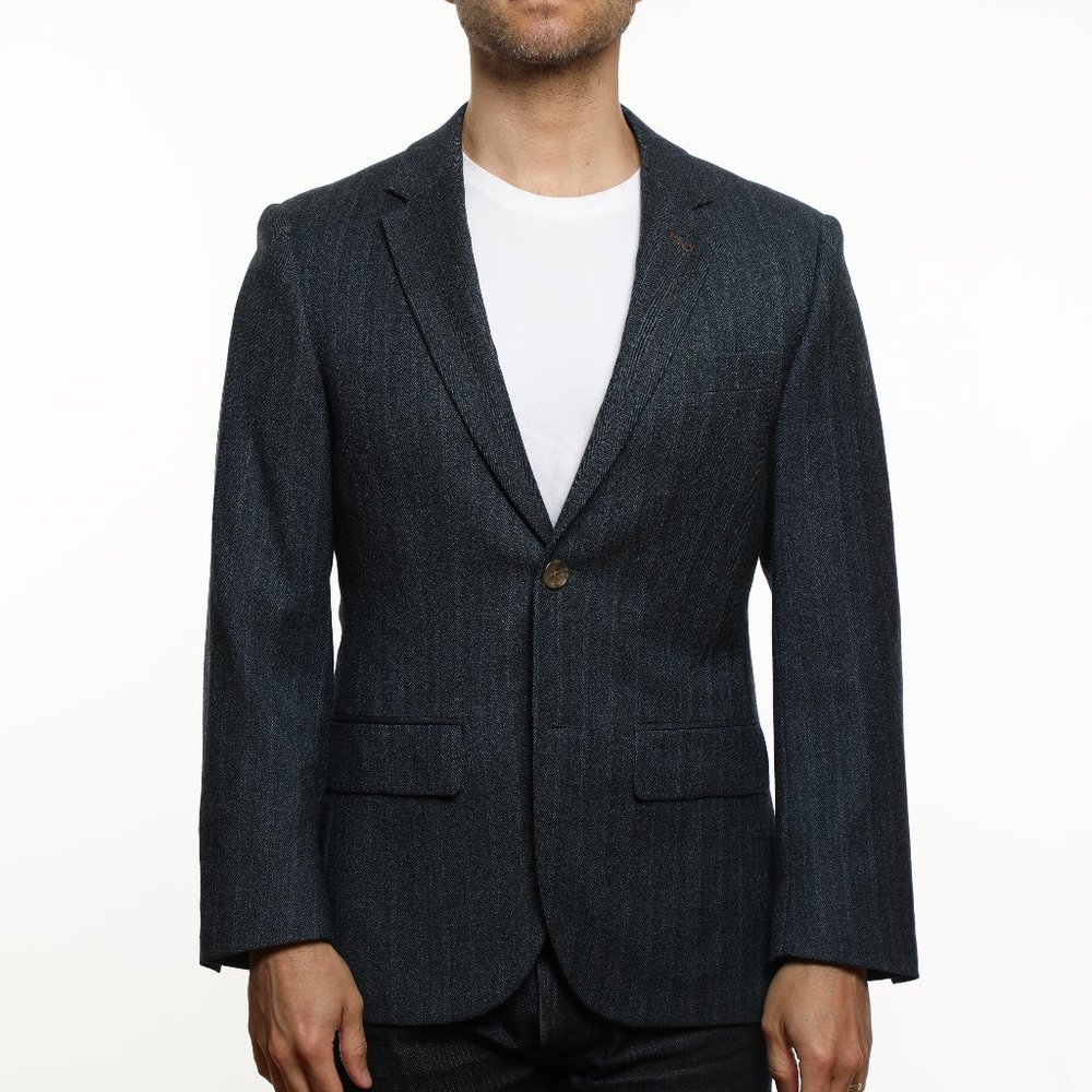 Indochino Navy Wool Herring Blazer 2-Button Made To Measure 36-in Chest Short